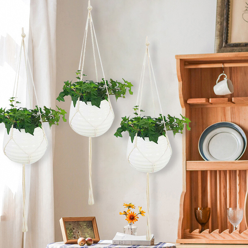 Žalias augalų kabantis krepšelis medvilnės virvė Rankų darbo augalų kabykla gėlių vazonas Makramė vazonas kišeninė siena Boho kiemo namų apdaila