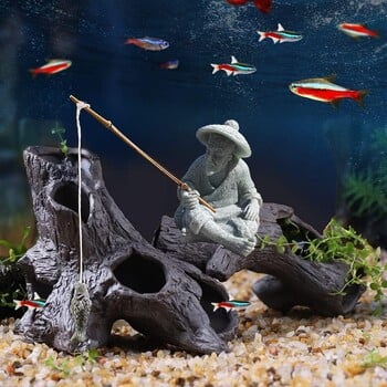 Fish Tank Garden Sitting Fishing Sandstone Vintage Στολίδι Ενυδρείο Μίνι Άγαλμα Ψαρά Ασιατικό Ζεν Διακόσμηση