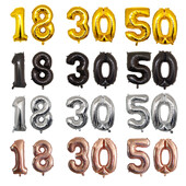 2 ks 32-palcových zlatých, strieborných, čiernych héliových fóliových balónov s číslom 16, 18, 30, 40, 50, 60, 70, 80, 90, dekoračných potrieb na narodeninovú párty.
