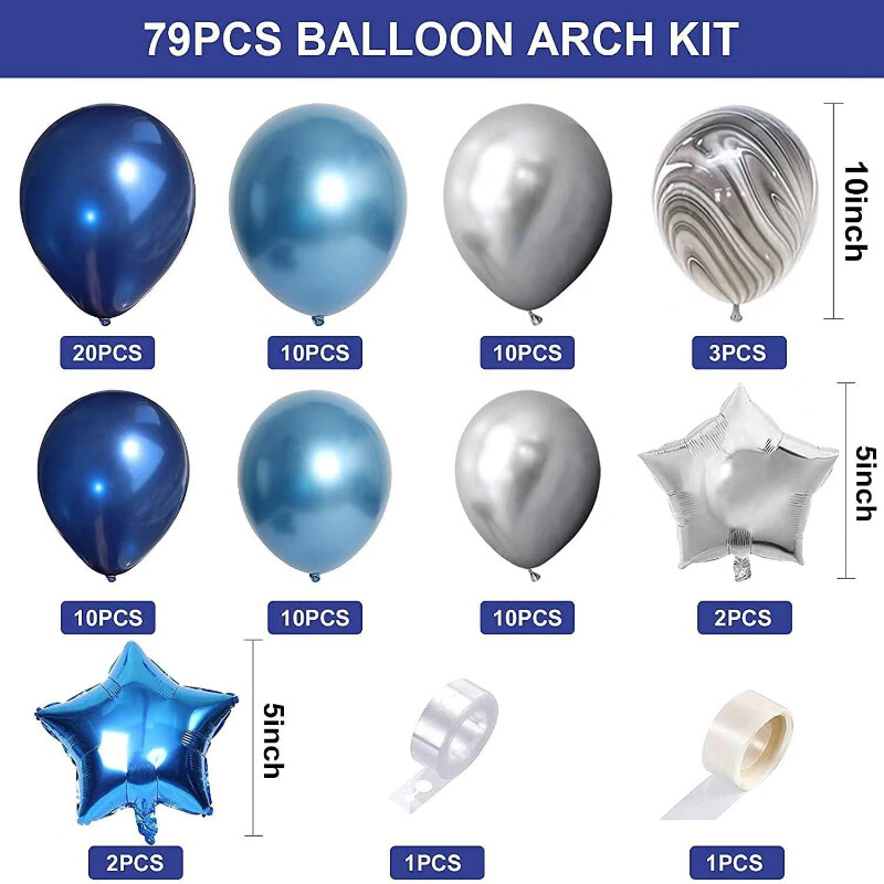 Metalinės mėlynos spalvos balionų girliandos rinkinys Sidabrinis agatas Juodas balionas Arka Gimtadienio vakarėlio dekoravimas Vaikų gimtadienio vestuvių balionas