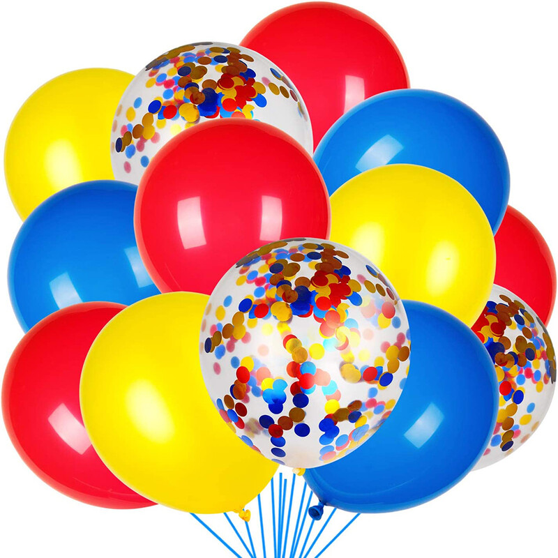 Červené, žlté, modré balóny, konfety, sada balónov, karneval, cirkus, párty dekorácia, hra, cirkus, dekorácia na prvé narodeniny, héliové vzduchové gule