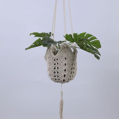 Umeraș pentru plante de in, maro/alb, frânghie de bumbac de 40 de inci, coș suspendat pentru casă, plasă de ghivece de grădină țesute acasă