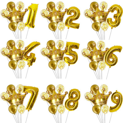 7gab. Zelta kroņa numuru balonu komplekts 1 2 3 4 5 6 7 8 9 Mylar Globos baloni bērniem Pieaugušo dzimšanas dienas svinību dekorēšanas piederumi