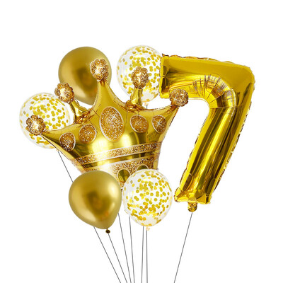 7 ks zlatých balónov s korunou a číslami 1, 2, 3, 4, 5, 6, 7, 8, 9, mylarové guľôčkové balóny pre deti a dospelých, dekorácie na narodeninovú oslavu
