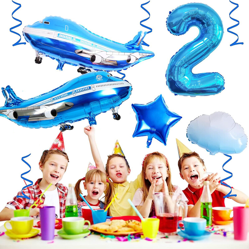2 buc. Avion mare albastru din aluminiu cu balon pentru decorare pentru petrecerea de aniversare cu tema pilotului