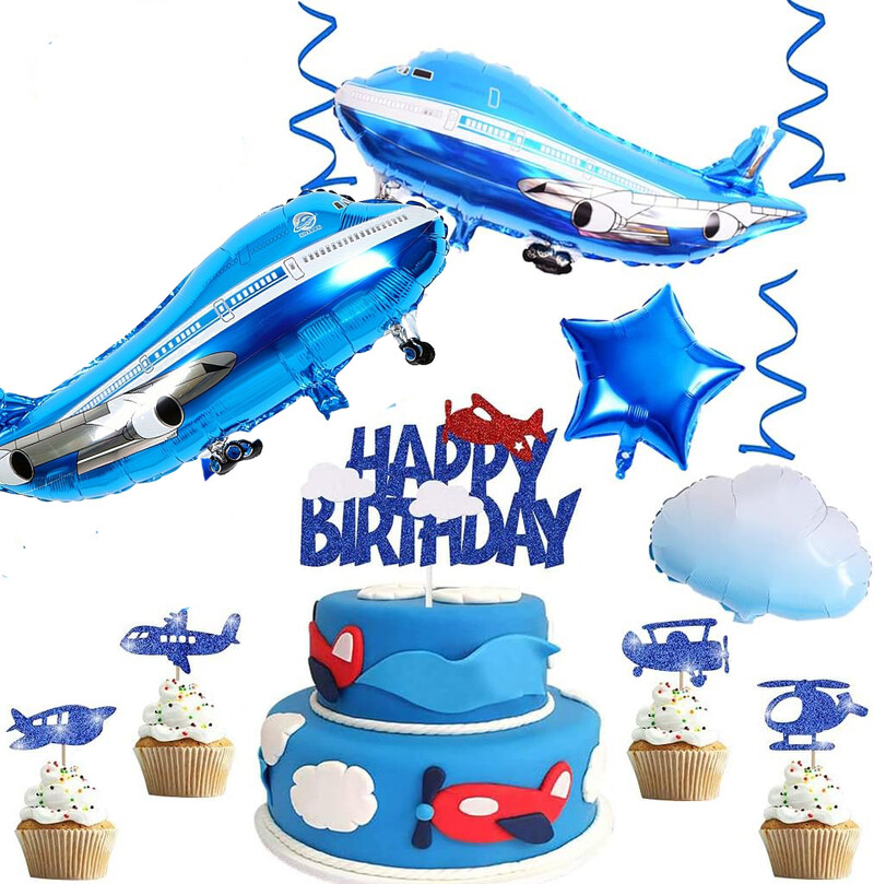 2 buc. Avion mare albastru din aluminiu cu balon pentru decorare pentru petrecerea de aniversare cu tema pilotului