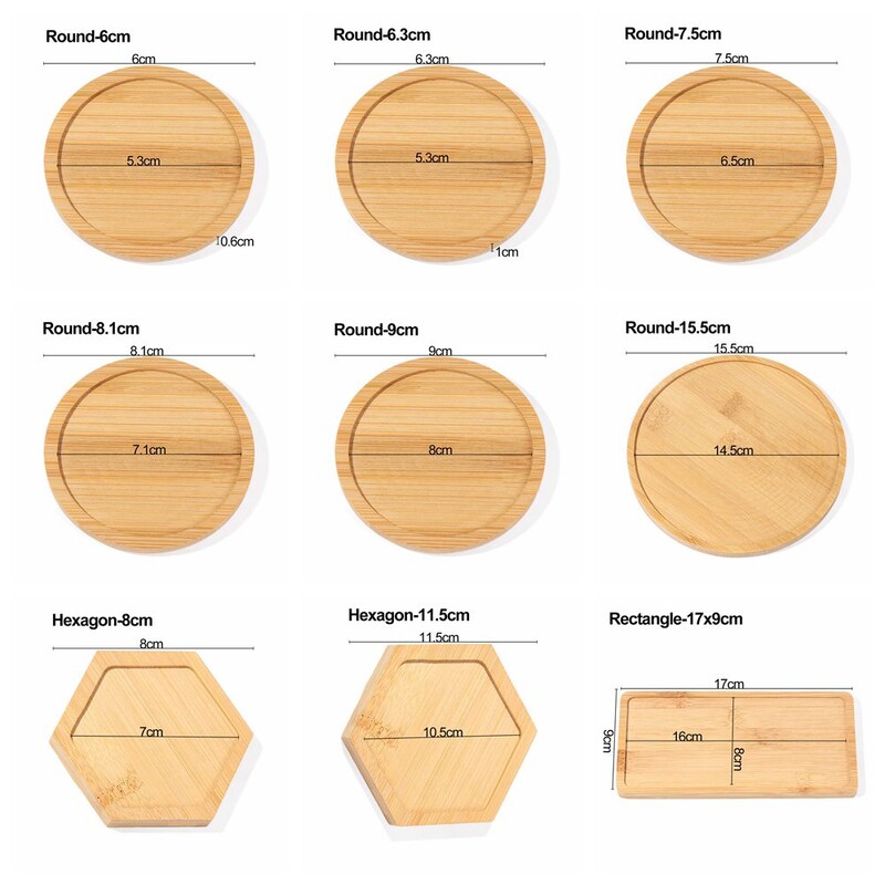 Paprastas bambuko medinis padėklas, apvalus kvadratinis šešiakampis vazono pagrindas, vazonų stovas Sukulentai bonsai laikiklis Namų dekoras Sodininkystė