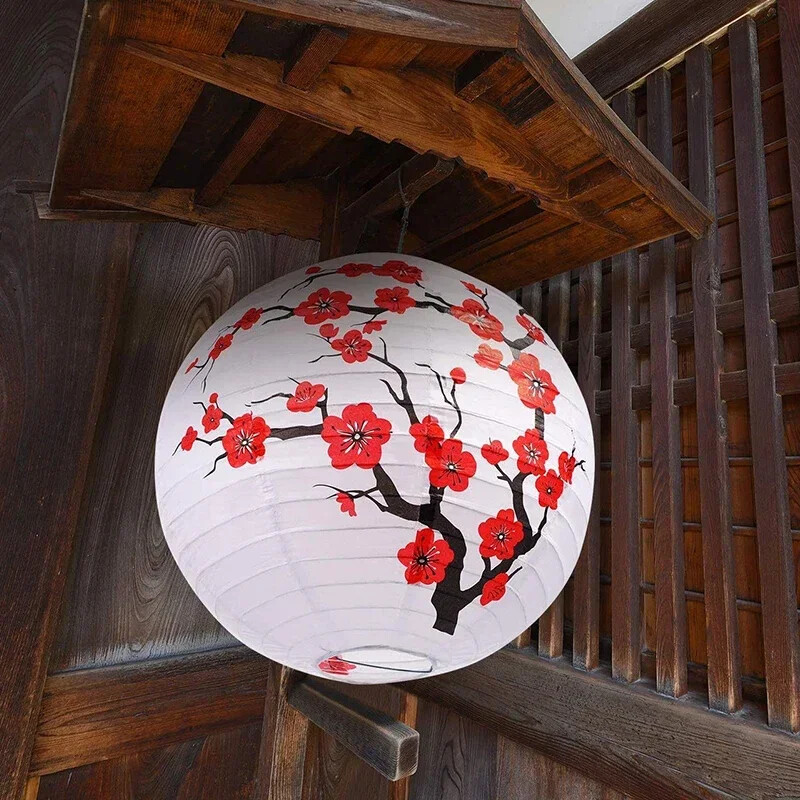 6 vnt. 30 cm slyvų žiedų popierinis žibintas Kinijos apvalus sulankstomas žibintas Naujųjų metų vestuvių vakarėliui dekoruoti namų kabantis dekoras