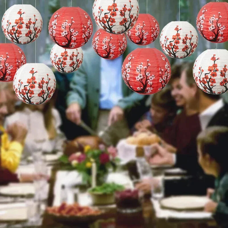 6 vnt. 30 cm slyvų žiedų popierinis žibintas Kinijos apvalus sulankstomas žibintas Naujųjų metų vestuvių vakarėliui dekoruoti namų kabantis dekoras