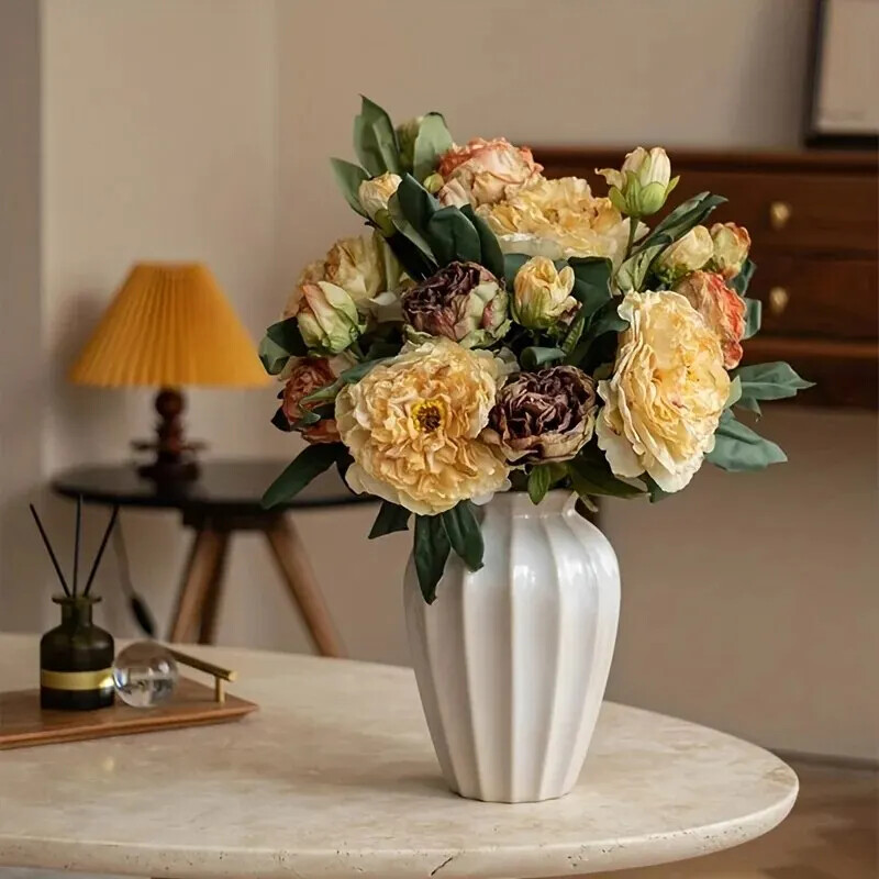 Bazsarózsa szimulációs virágok, otthoni és nappali művirágdíszek, étkezőasztali szárított virágcsokor dekoráció