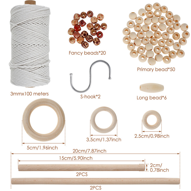 Seturi de macrame 100 buc. Snur de macrame din bumbac natural pentru incepatori cu margele si inele din lemn, betisoare din lemn, inele metalice consumabile macrame