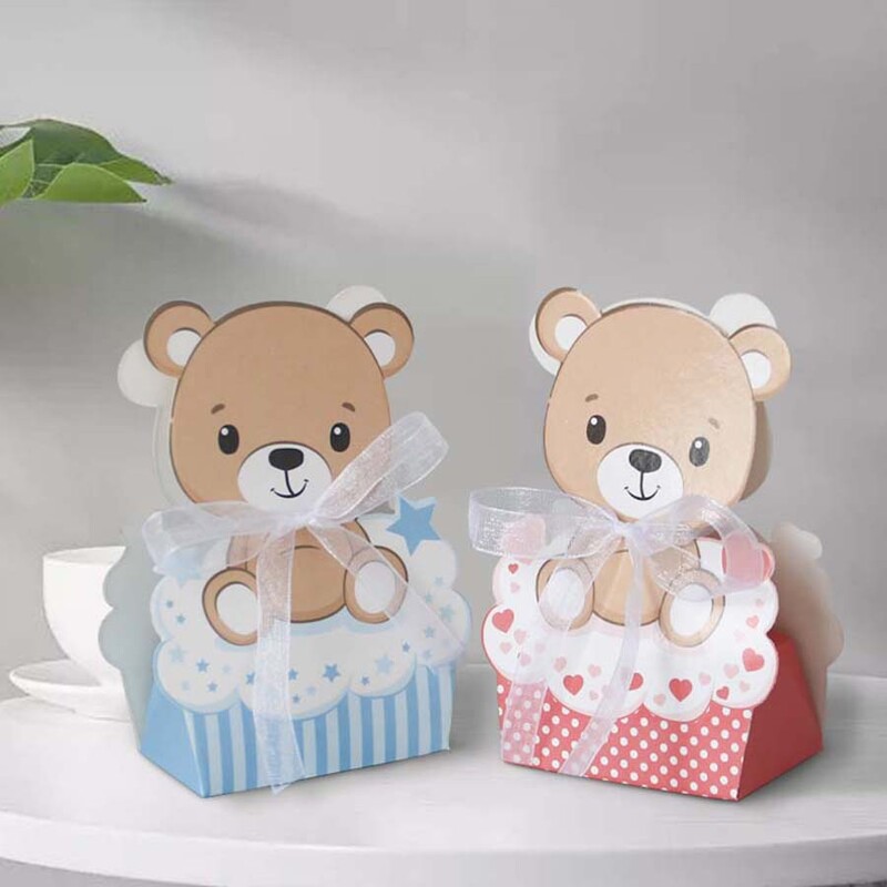 12 vnt. rožinės mėlynos spalvos meškiukų dėžutės, skirtos vaikų gimtadienio vakarėliui, dovanų dėžutės, skirtos gyvūnams, kūdikių vakarėliams, vakarėliams