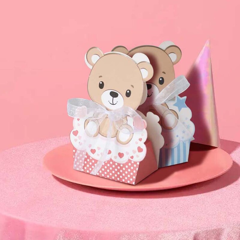 12 vnt. rožinės mėlynos spalvos meškiukų dėžutės, skirtos vaikų gimtadienio vakarėliui, dovanų dėžutės, skirtos gyvūnams, kūdikių vakarėliams, vakarėliams