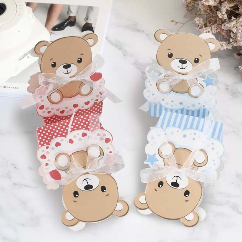 12 vnt. rožinės mėlynos spalvos meškiukų dėžutės, skirtos vaikų gimtadienio vakarėliui, dovanų dėžutės, skirtos gyvūnams, kūdikių vakarėliams, vakarėliams