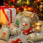12 ks vianočných darčekových tašiek na cukrovinky, vzory Santa Clausa, prírodné jutové tašky, vrecko z juty so sťahovacou šnúrkou, balenie šperkov, darčeková taška na párty