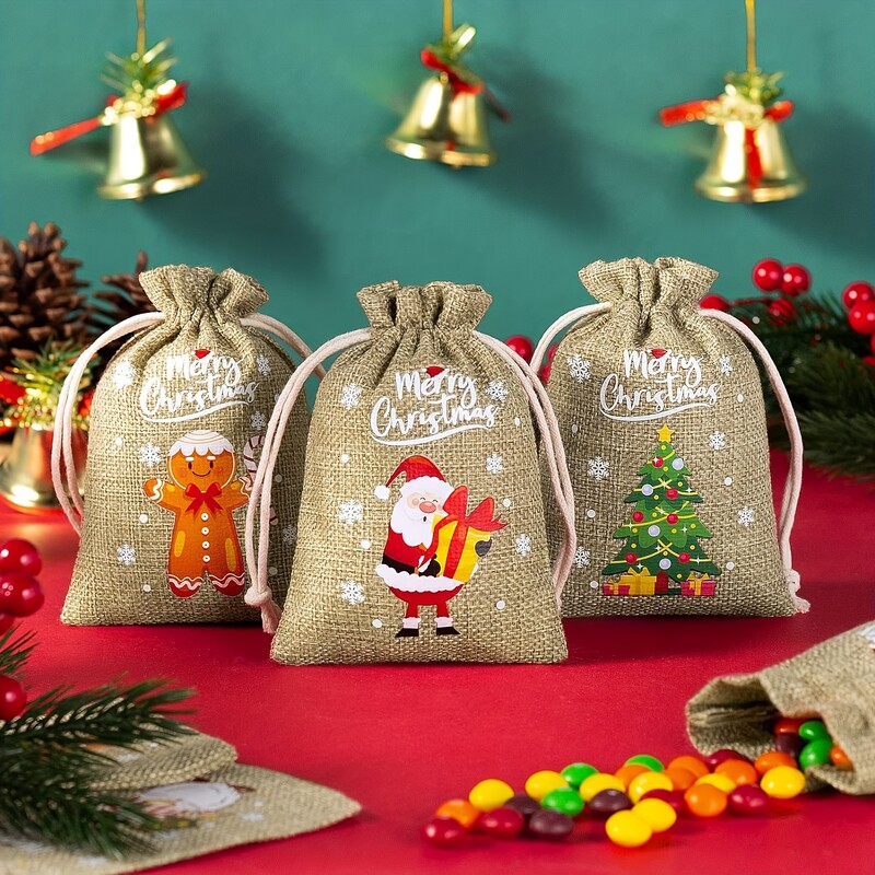 12 ks vianočných darčekových tašiek na cukrovinky, vzory Santa Clausa, prírodné jutové tašky, vrecko z juty so sťahovacou šnúrkou, balenie šperkov, darčeková taška na párty