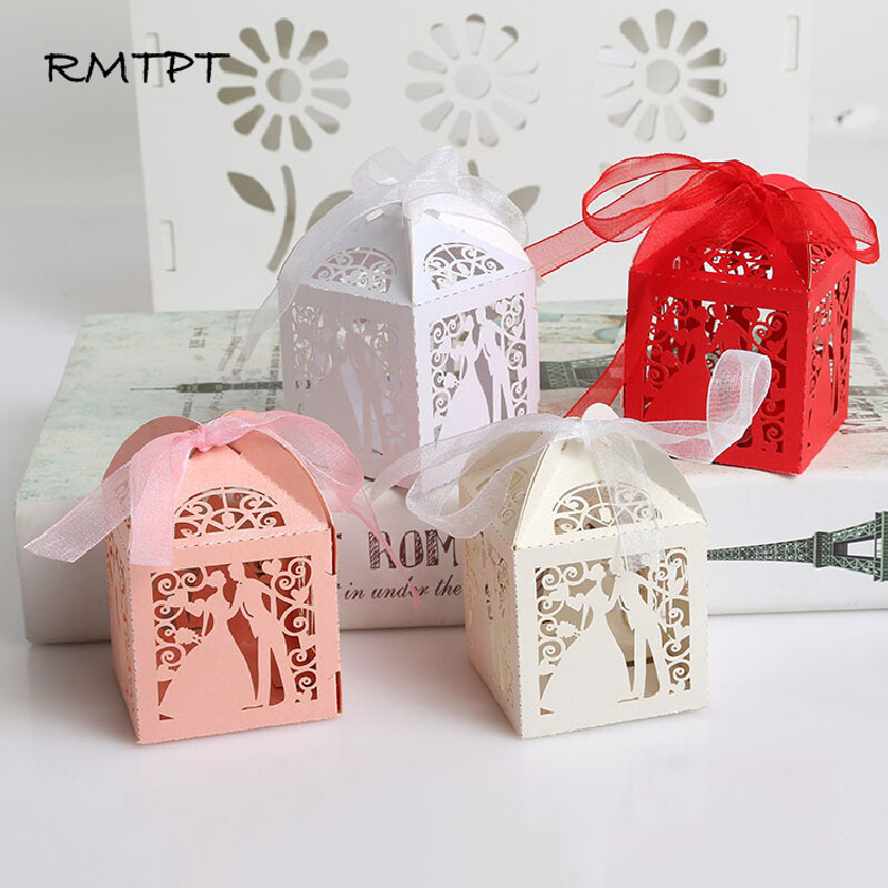 50 buc/lot oaspeți elegant, mire, mire, cutie de bomboane tăiată cu laser pentru nuntă, pungă dulci, favoruri de nuntă, cadou pentru articole de petrecere, panglică