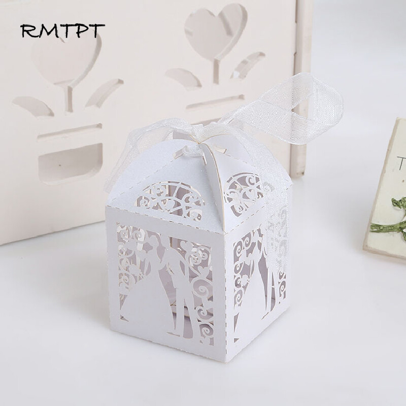 50 buc/lot oaspeți elegant, mire, mire, cutie de bomboane tăiată cu laser pentru nuntă, pungă dulci, favoruri de nuntă, cadou pentru articole de petrecere, panglică