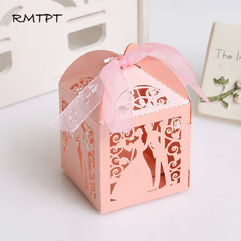 50 buc/lot oaspeți elegant, mire, mire, cutie de bomboane tăiată cu laser pentru nuntă, pungă dulci, favoruri de nuntă, cadou pentru articole de petrecere, panglică