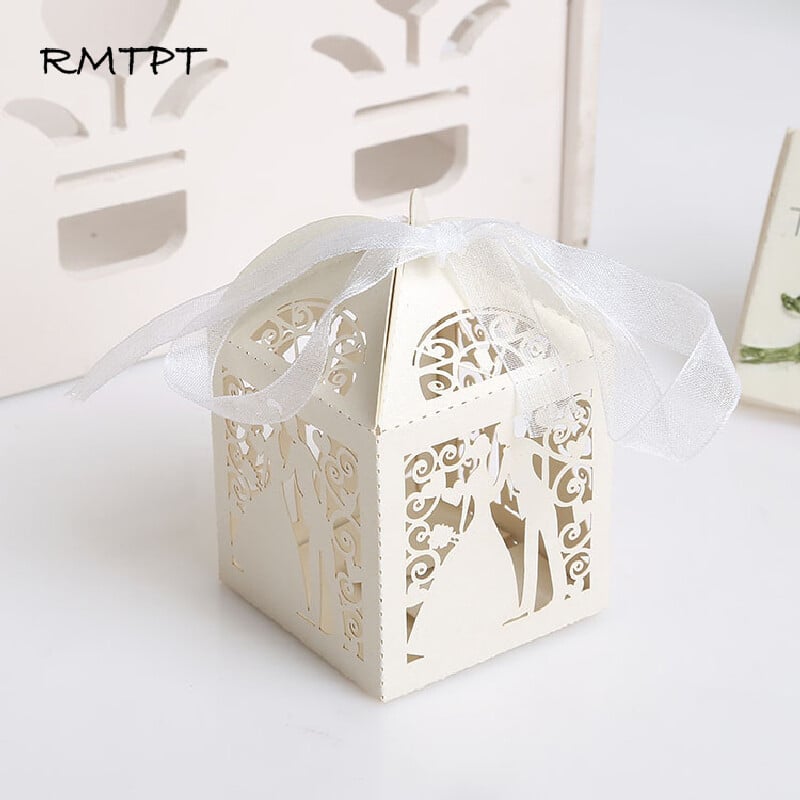 50 buc/lot oaspeți elegant, mire, mire, cutie de bomboane tăiată cu laser pentru nuntă, pungă dulci, favoruri de nuntă, cadou pentru articole de petrecere, panglică