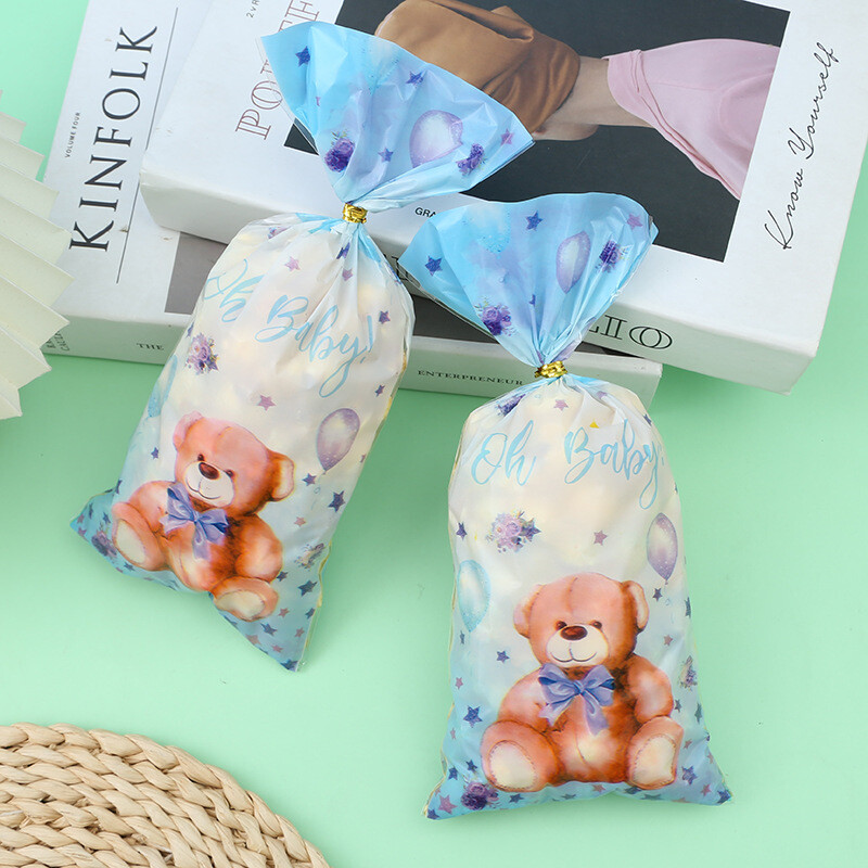 50 bucăți, cadou urs albastru roz, pungă de bomboane din plastic pentru prăjituri, saci de ambalare pentru gustări, favoruri pentru baby shower, consumabile pentru decorațiuni pentru petrecerea de naștere.
