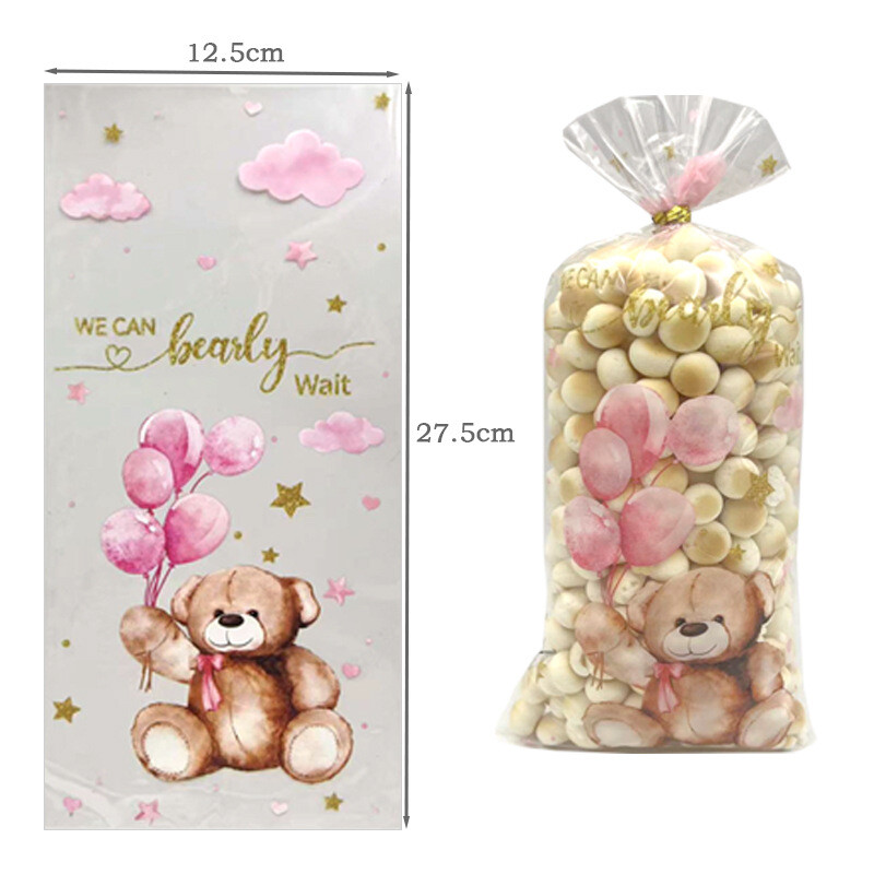 50 bucăți, cadou urs albastru roz, pungă de bomboane din plastic pentru prăjituri, saci de ambalare pentru gustări, favoruri pentru baby shower, consumabile pentru decorațiuni pentru petrecerea de naștere.