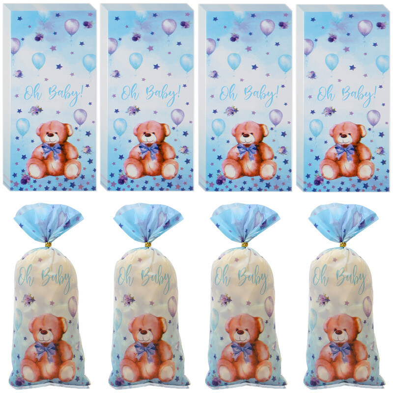 50 bucăți, cadou urs albastru roz, pungă de bomboane din plastic pentru prăjituri, saci de ambalare pentru gustări, favoruri pentru baby shower, consumabile pentru decorațiuni pentru petrecerea de naștere.