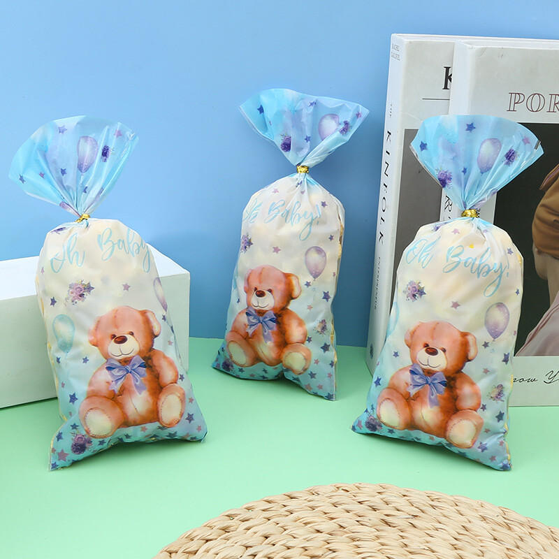 50 bucăți, cadou urs albastru roz, pungă de bomboane din plastic pentru prăjituri, saci de ambalare pentru gustări, favoruri pentru baby shower, consumabile pentru decorațiuni pentru petrecerea de naștere.
