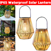 Rattan bambusz lámpa IP65 vízálló függő/álló rattan napelemes lámpás kívül, nagy rattan napelemes lámpa az erkélyre, teraszra