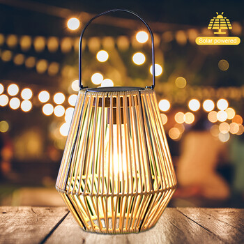 Rattan Bamboo Lamp IP65 Αδιάβροχο κρεμαστό/όρθιο ηλιακό φανάρι Rattan έξω από Big Rattan Solar Light for Balcony Patio Garden