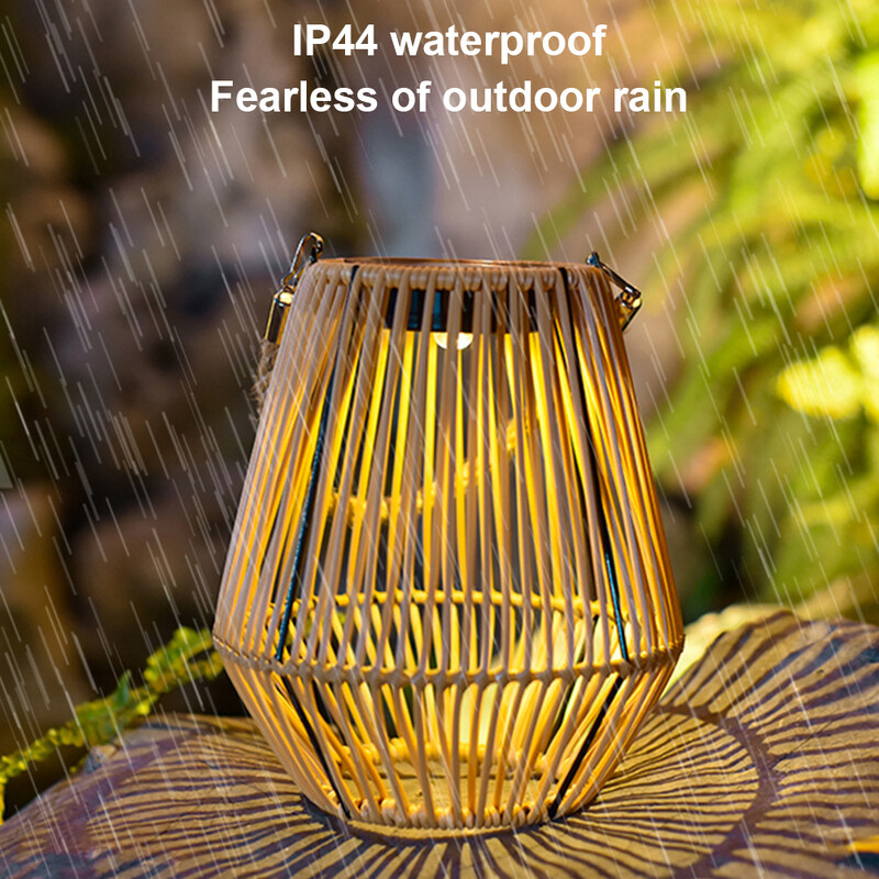 Rattan bambusz lámpa IP65 vízálló függő/álló rattan napelemes lámpás kívül, nagy rattan napelemes lámpa az erkélyre, teraszra