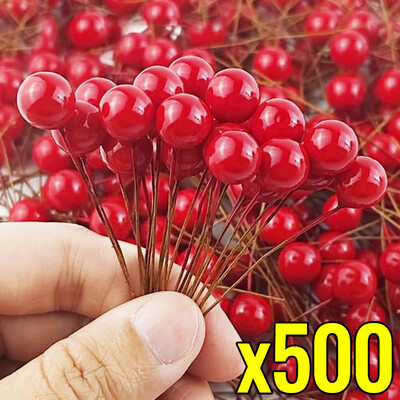 500/50 vnt Mini dirbtinės raudonos uogos, „pasidaryk pats“ gėlių vainiko ornamentas netikrų uogų vyšnių kuokelias Kalėdų Naujųjų metų vakarėlio namų dekoras