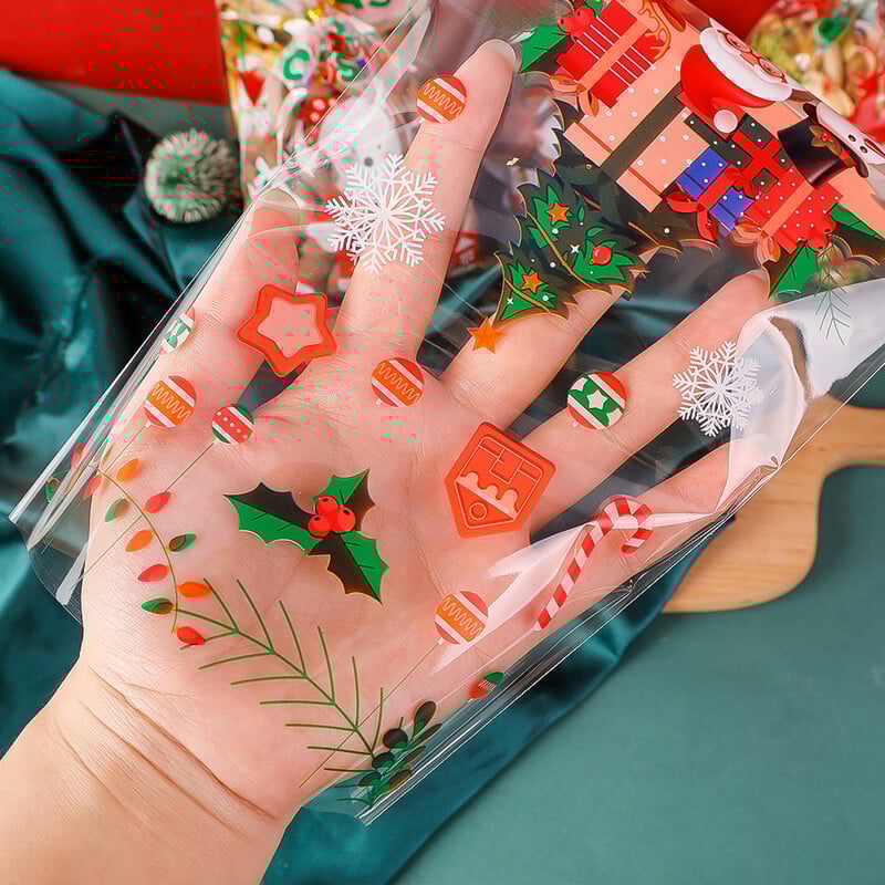 50/200 db átlátszó karácsonyi ajándék műanyag zacskók uzsonnás sütemények kenyér csokoládé cukorka csomagolás szálakkal karácsonyi parti kellékek