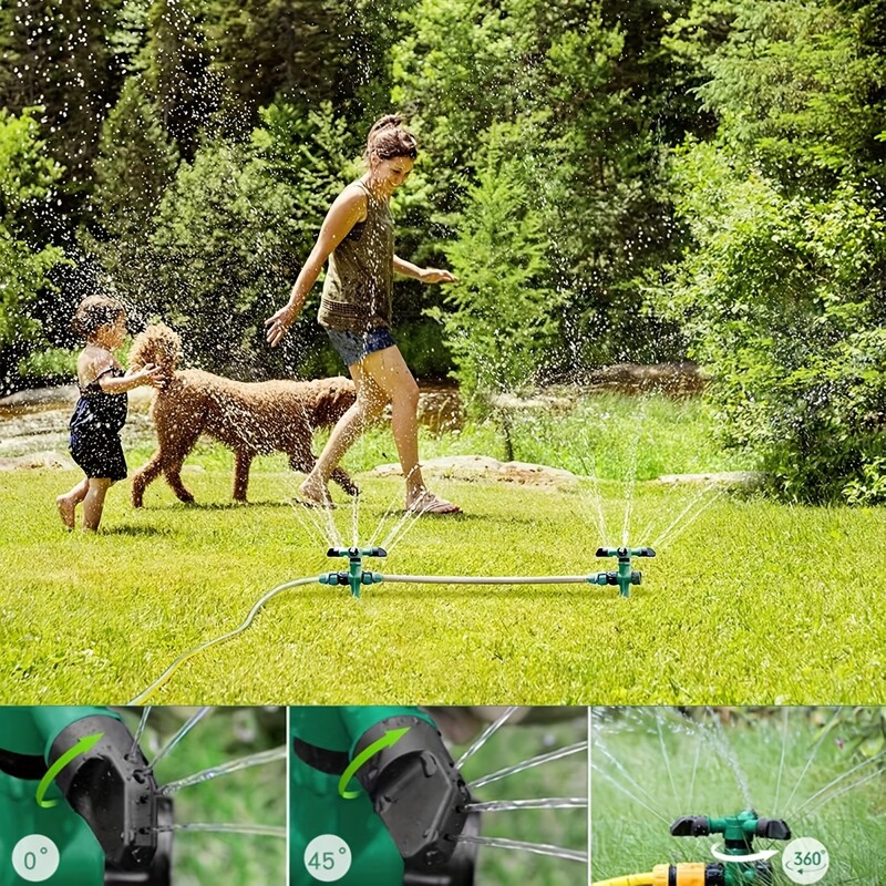 4-dielny automatický 360° rotačný záhradný zavlažovač s tromi vidlicami, záhradný zavlažovač, rotačný zavlažovač trávnika na dvor