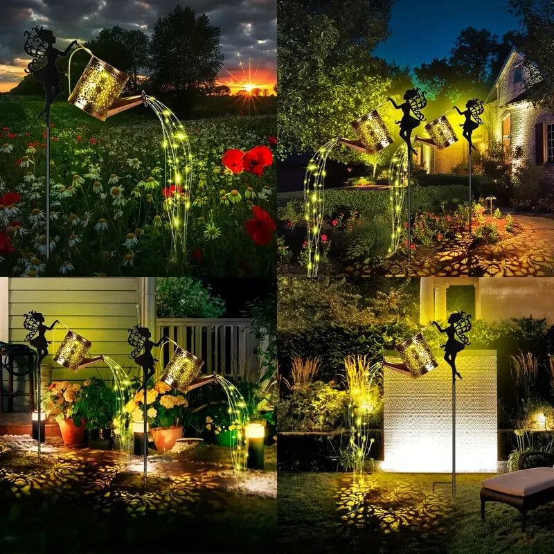 Vonkajšia solárna závesná kanvica Teplé svetlo Vodotesná dekorácia vily na dvore Solárna anjelská lampa Rozprávkové svetielka Vintage kovová záhrada