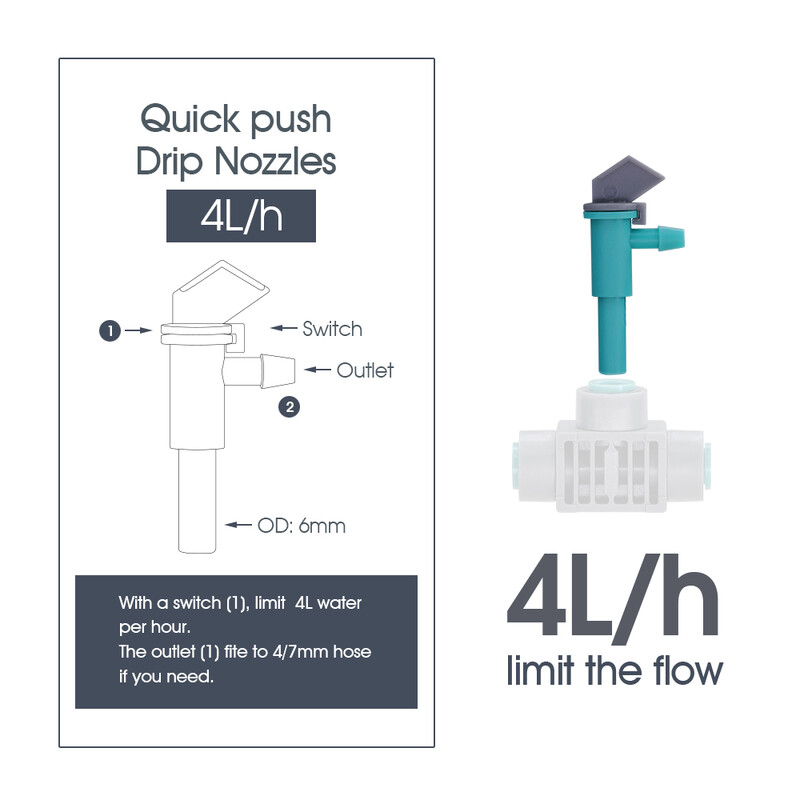 20 ks 4l/h OD-6,0 mm až 1/4'' kvapkadlo na vodu s ventilom záhradné bonsajové mikro kvapkacie trysky pre zavlažovacie postrekovače s hadicou 4/7 mm
