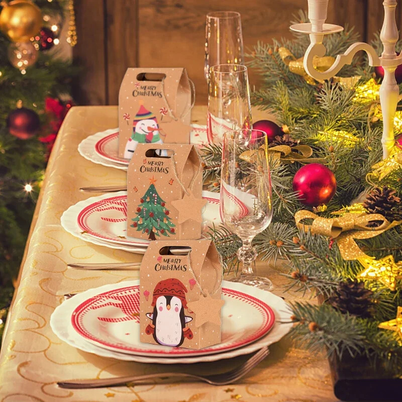 6 db karácsonyi cukorka ajándékdoboz címkével, nátronpapír sütis, snack-csomagoló zacskókkal, 2024-es karácsonyi parti lakberendezési újév 2025