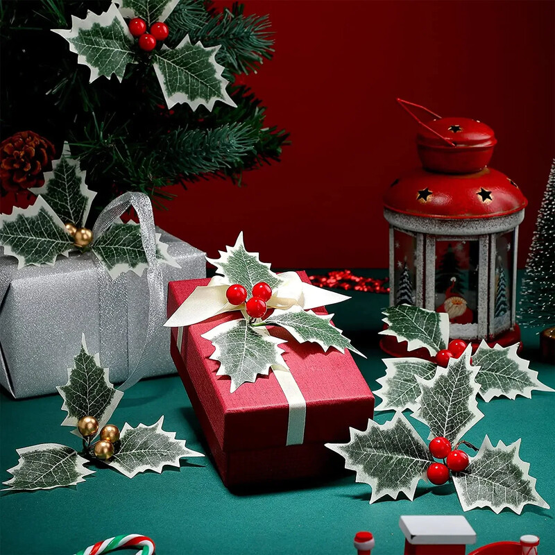 10db mesterséges magyal bogyó levelekkel karácsonyi koszorúhoz virágkötészet ajándék scrapbooking dekor hamisítvány 5/6cm