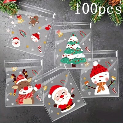 100/200/300 buc. Pungă de bomboane pentru prăjituri de Crăciun, model de Moș Crăciun, pungă de ambalare cadou cu auto-sigilare pentru decorarea petrecerii de Anul Nou de Crăciun