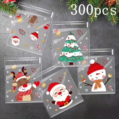 100/200/300 buc. Pungă de bomboane pentru prăjituri de Crăciun, model de Moș Crăciun, pungă de ambalare cadou cu auto-sigilare pentru decorarea petrecerii de Anul Nou de Crăciun