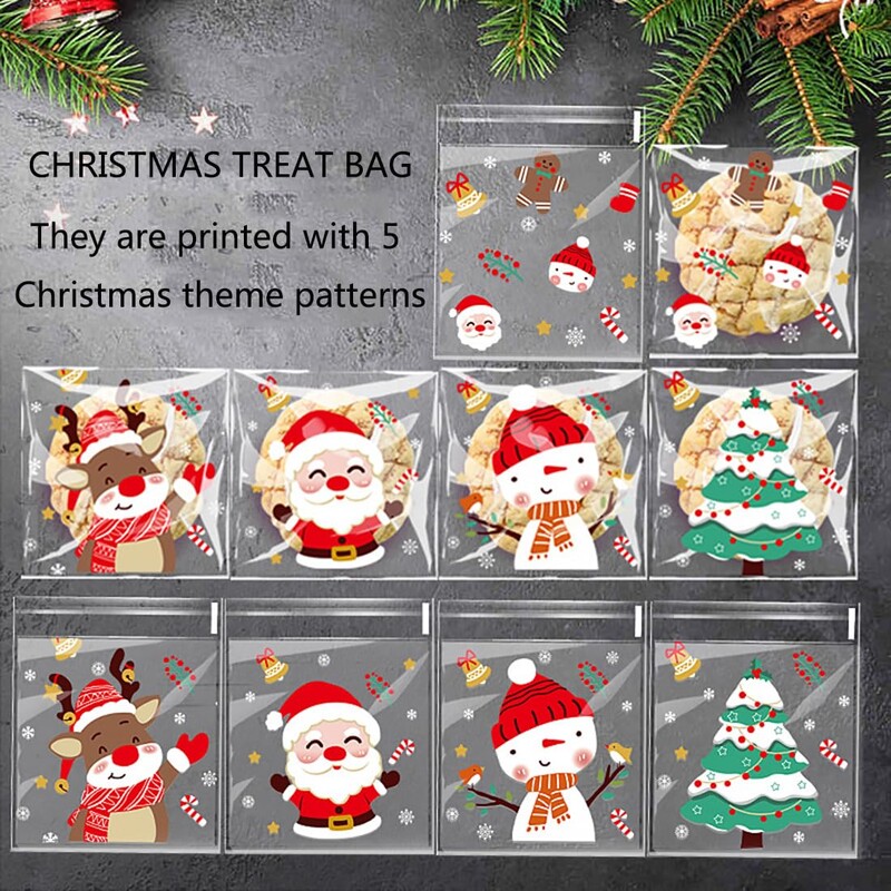 100/200/300 buc. Pungă de bomboane pentru prăjituri de Crăciun, model de Moș Crăciun, pungă de ambalare cadou cu auto-sigilare pentru decorarea petrecerii de Anul Nou de Crăciun