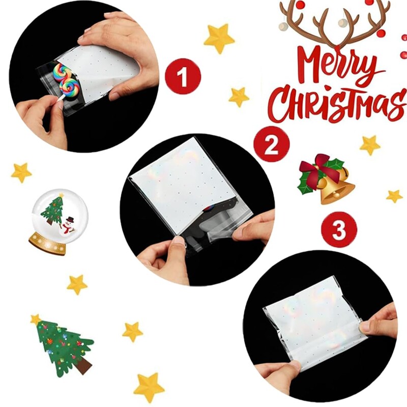 100/200/300 buc. Pungă de bomboane pentru prăjituri de Crăciun, model de Moș Crăciun, pungă de ambalare cadou cu auto-sigilare pentru decorarea petrecerii de Anul Nou de Crăciun