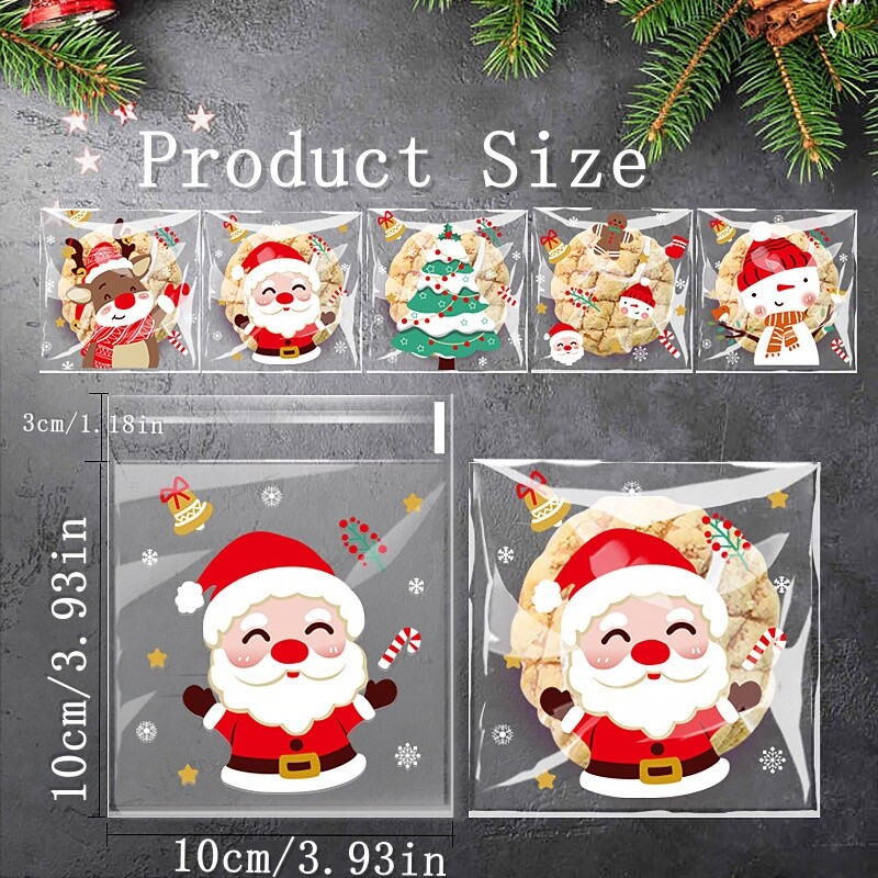 100/200/300 buc. Pungă de bomboane pentru prăjituri de Crăciun, model de Moș Crăciun, pungă de ambalare cadou cu auto-sigilare pentru decorarea petrecerii de Anul Nou de Crăciun