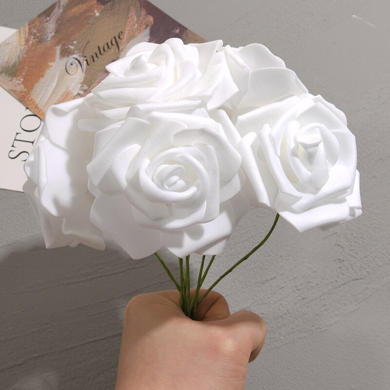 50 ks/balenie Biela PE ruža Umelý kvetinový list so stonkou DIY Kytica Svadobná párty Dekorácia Scrapbooking potreby