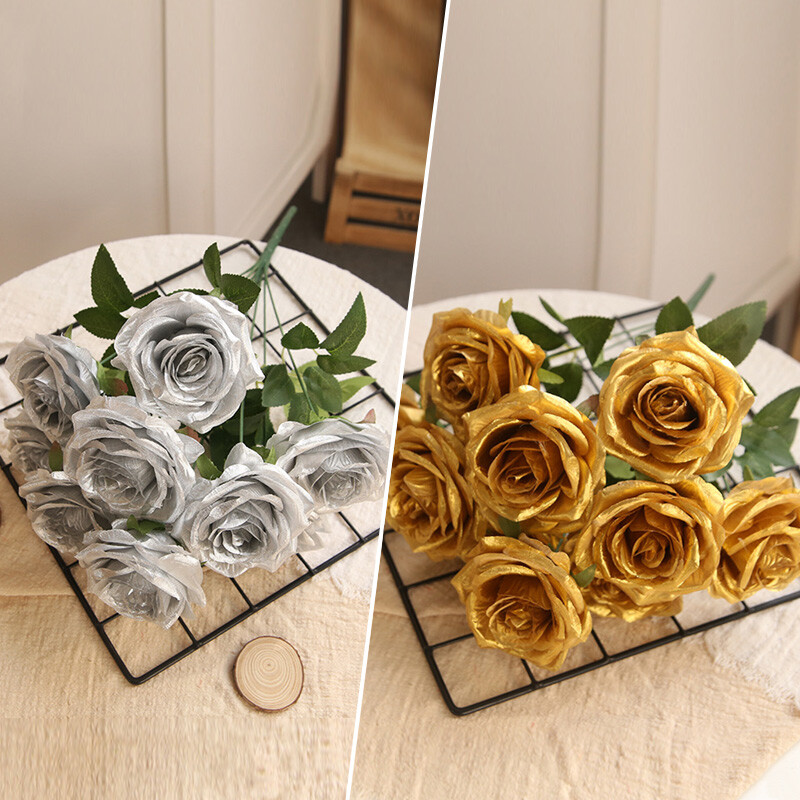 10 hláv zlatá strieborná ruža umelá kvetina DIY svadobné kvetinové aranžmány materiál hodvábna svadobná kytica bytová dekorácia foto rekvizity