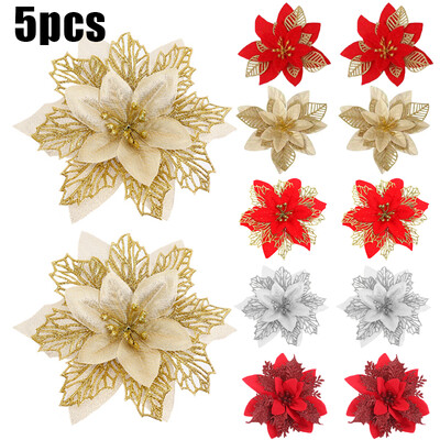 5 buc. Flori artificiale cu sclipici Flori decorative de Crăciun DIY Pom de Crăciun Ornamente de agățat Crăciun Decor de petrecere de Anul Nou