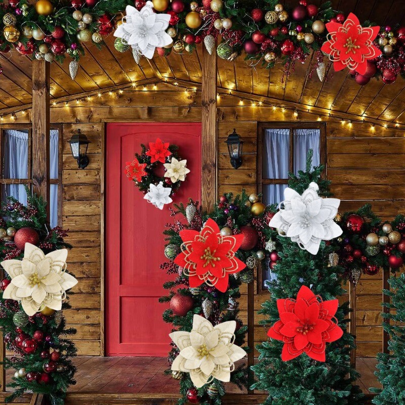 5 buc. Flori artificiale cu sclipici Flori decorative de Crăciun DIY Pom de Crăciun Ornamente de agățat Crăciun Decor de petrecere de Anul Nou