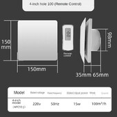 4-inčni ispušni ventilator velike brzine WC Kuhinja Kupaonica Viseći zidni prozor Ventilator Ekstraktor s daljinskim upravljačem