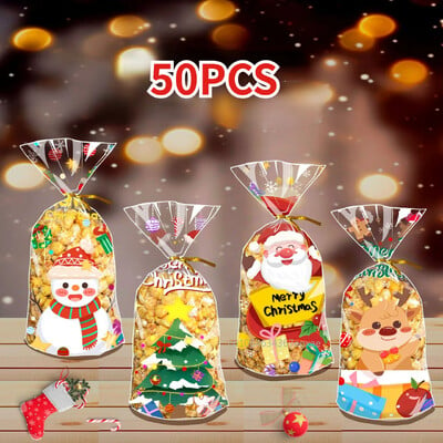 50 bucăți/set Saci de celofan Crăciun Fericit Pungi de ambalare pentru cadouri din plastic pentru copii Crăciun Noel Decor acasă Saci cu bomboane de Anul Nou