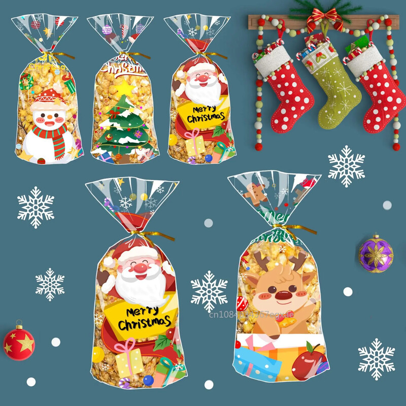50 bucăți/set Saci de celofan Crăciun Fericit Pungi de ambalare pentru cadouri din plastic pentru copii Crăciun Noel Decor acasă Saci cu bomboane de Anul Nou